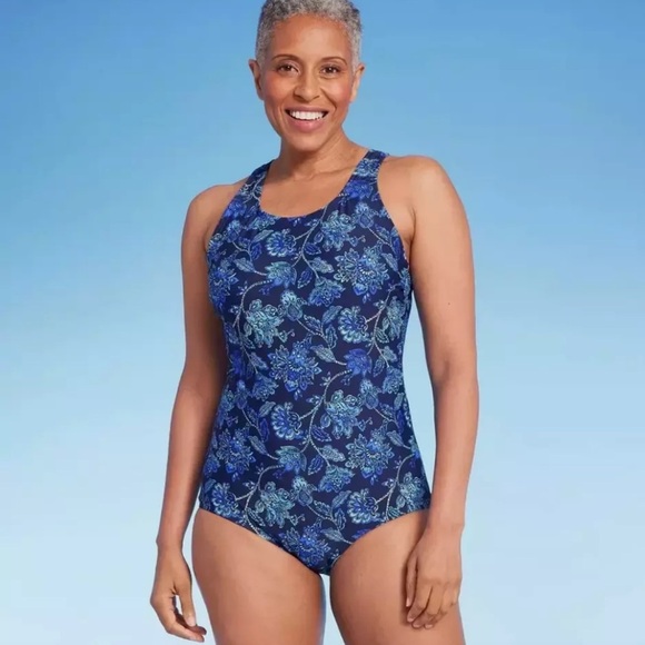Women's Lands' End Full Coverage High Neck Tugless One Piece Swimsuit Blue Small - Picture 1 of 10